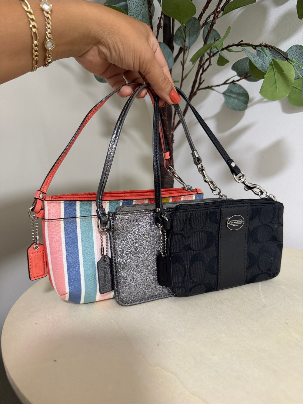 Coach Multicolor Stripe, Silver Glitter & Black Signature Wristlet Trio
